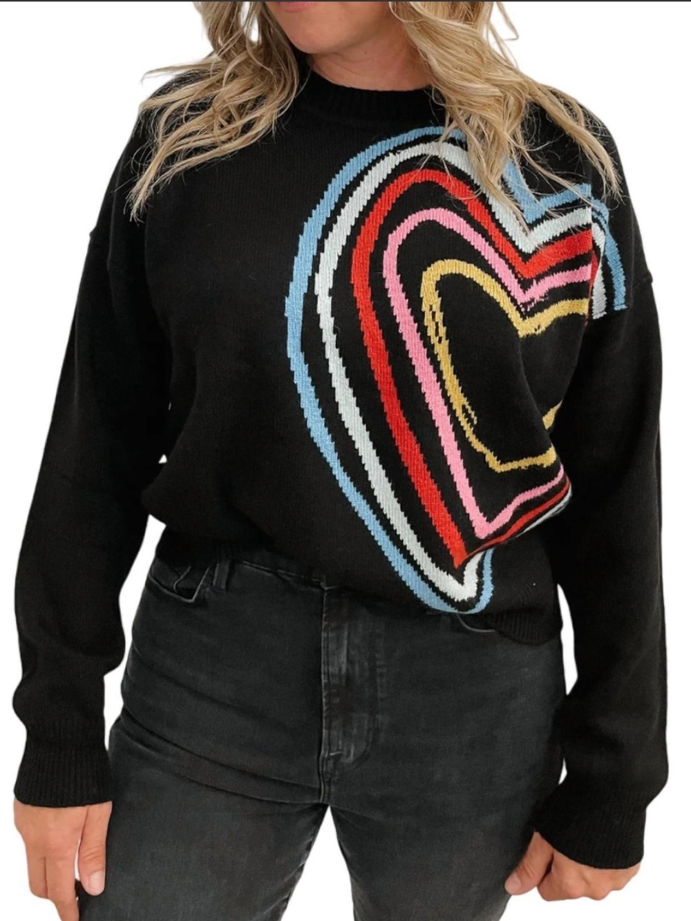 Kerri Rosenthal Black Crewneck Cashmere Sweater with Colorful Heart Motif